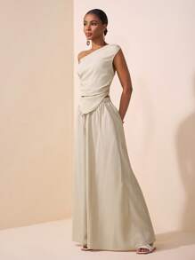 Zivah 2 件/套 2025 春夏新品系列音乐节、复活节、圣帕特里克节、西部风格、游牧风格、生日派对、毕业季、学院风、学生装、日常休闲、基本百搭、休闲、度假、邮轮旅行、海滩、日光浴、病毒式、街头服饰、婚礼嘉宾波西米亚风格、通勤风格、早午餐装、机场装 - 米色不对称肩部设计褶皱下摆短款上衣和阔腿裤纹理面料两件套 - 杏色 - 查看 3