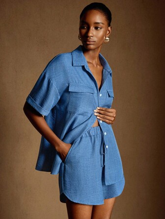 Écloséra French Simple Casual Blue Basic Shirt Women's Button Shirt + Blue Elastic Waist Casual Women's Shorts Spring And Summer Comfortable Women's Two-Piece Set Women's Casual Suit