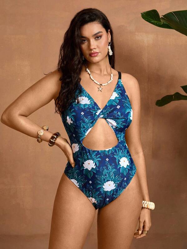 The White Lotus Travachic Traje de baño de una pieza para mujer de talla grande con nudo frontal y recorte, estampado floral tropical, sexy y estilizador, apropiado para vacaciones en la playa
