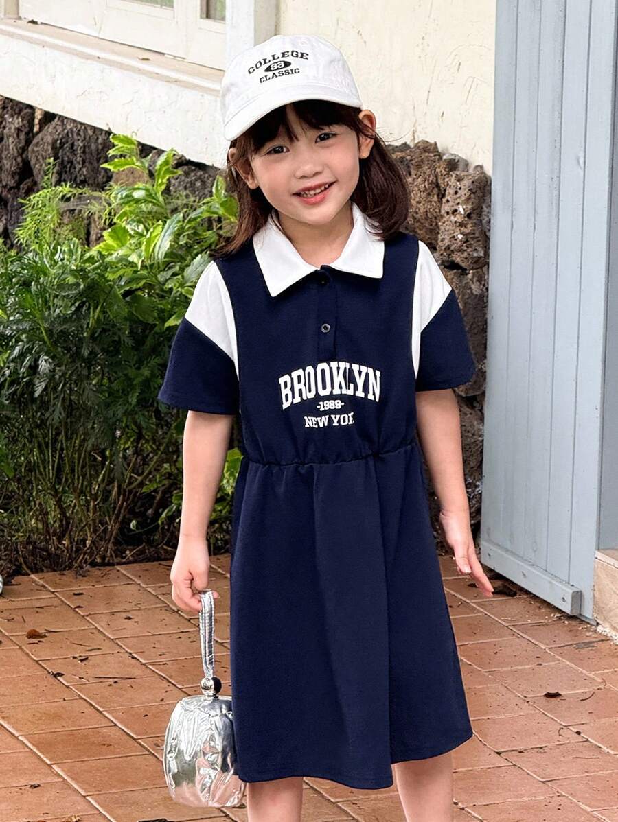 SHEIN Young Girls Casual Letter Graphic Color Block Collar Half-Zip Knit Dress - Blue and White - View 1