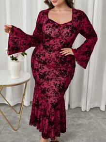Modelyn Vestido de cola de sirena con mangas de campana elegante de encaje talla grande para primavera/verano - Rosa Fucsia - Ver 4