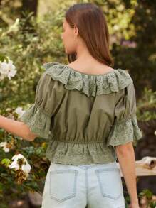 2026 Top peplum de manga corta con cuello de volantes, lazo delantero y tela de algodón 100% con bordado de flores, para verano y vacaciones en la playa - Verde militar - Ver 5