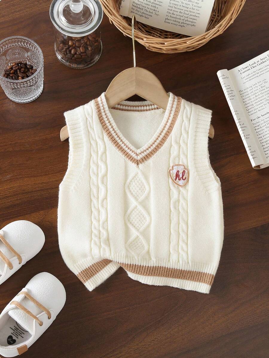 男宝宝毛衣背心,针织休闲正装风格,学院风英伦风,适合外出、上学、旅行、春季、秋季、冬季 - 杏色 - 查看 1