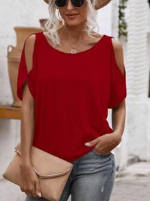 SHEIN LUNE Women's Summer Loose Off-Shoulder Solid Color Round Neck Short Sleeve T-Shirt - Red - View 4