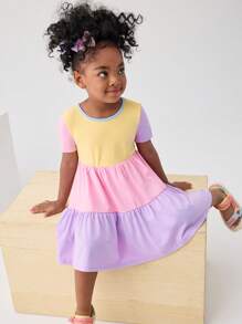 SHEIN Young Girl Cute Casual Vacation Round Neck Short Sleeve Contrast Color Knitted Comfortable Dress
