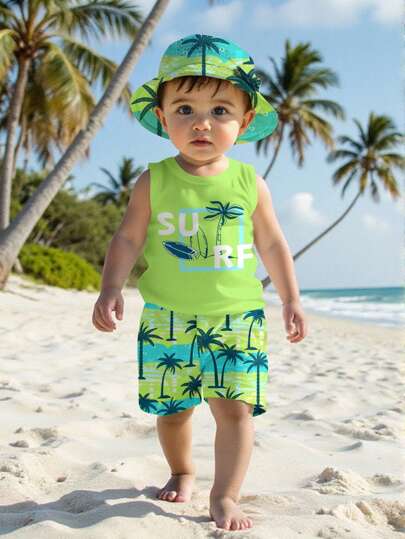 SHEIN Baby Boy Casual Soft & Comfortable Outfit, Suitable For Spring/Summer Baby Boy Beach Outfit Boys Swim Suit Set 3t Boy Beach Set 3t Bathing Suit Boy Baby Boy Surf Outfit Boys Beach Set