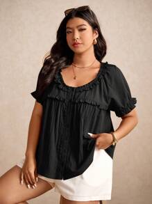 Elaquor Áo cánh tay ngắn bèo nhún màu trơn cỡ lớn cho nữ, mùa hè - màu đen - Xem 4