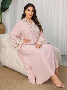 Al Najma Floral Embroidered Collar Flare Sleeve Slimming Dress, Spring/Summer - Pink - View 8