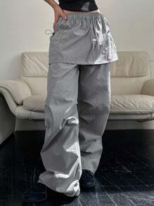 DAZY Pantalón cargo casual de tiro alto y pierna ancha con cordón, 2 en 1 para mujeres