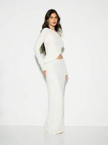 KIZN Elegante conjunto de 2 piezas con suéter acanalado y recortado de manga larga con abertura y falda maxi para boda, fiesta de noche, ocasión especial, invierno, vacaciones