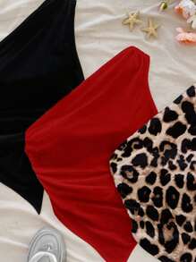 Soleia 3pcs/Pack Women Summer Vacation Leopard Print, Solid Color, Asymmetric Hem Shoulder Top, Suitable For & Beachwear Tops - Multicolor - View 5
