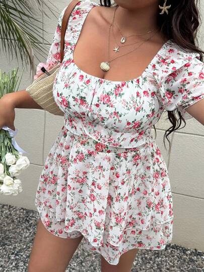 Sunnyshic Plus Size Spring/Summer Chiffon Floral Print Flared Sleeve Rompers, Elegant Cute Vacation Beach Outfit