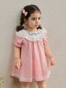 Blossori Baby Girls Country Vacation Colorblock Collar Floral Embroidered Puff Sleeve Dress - Multicolor - View 1