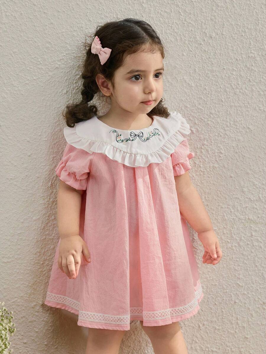 Blossori Baby Girls Country Vacation Colorblock Collar Floral Embroidered Puff Sleeve Dress - Multicolor - View 1