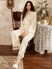 Côtesoire 法式浪漫蕾丝拼接系带女士睡衣套装，舒适优雅细节，秋冬服装 - 杏色 - 查看 3