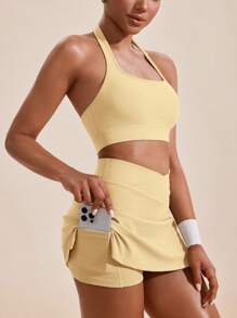VARSIVA Conjunto deportivo de top y pantalón de unicolor con cuello de halter para mujer - amarillo ganso - Ver 4