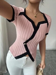 Elenzga 女式复古拼色不对称设计短袖T恤 - 粉色 - 查看 6