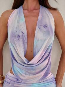 Aloruh Women's Elegant Sexy Beach Vacation Backless Suit Country Music Festival Concert Halter Neck Top + Long Skirt 2pcs/Set Women Purple Printed Outfit,Can Be Worn With A Bikini - Multicolor - View 9