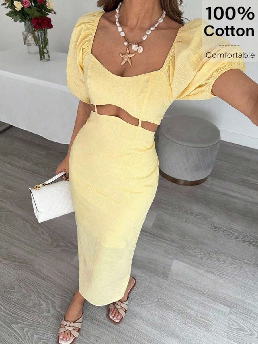 Siren Gaze 女士夏季 | 海岛度假 | 蜜月旅行 | 奶油黄泡泡袖心形领口露腰沙滩裙 | 2025 棉质中长款连衣裙，适合泳池派对、婚礼宾客、7月4日庆祝活动及度假 | 休闲优雅女士透气鸡尾酒会礼服，优雅长裙，夏季工作装，女士夏季服装，生日装，紧身连衣裙，度假胜地 - 淡黃色 - 查看 1