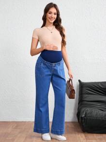 SHEIN 孕妇可调节腰部喇叭裤，带口袋 - 中等水洗藍 - 查看 3