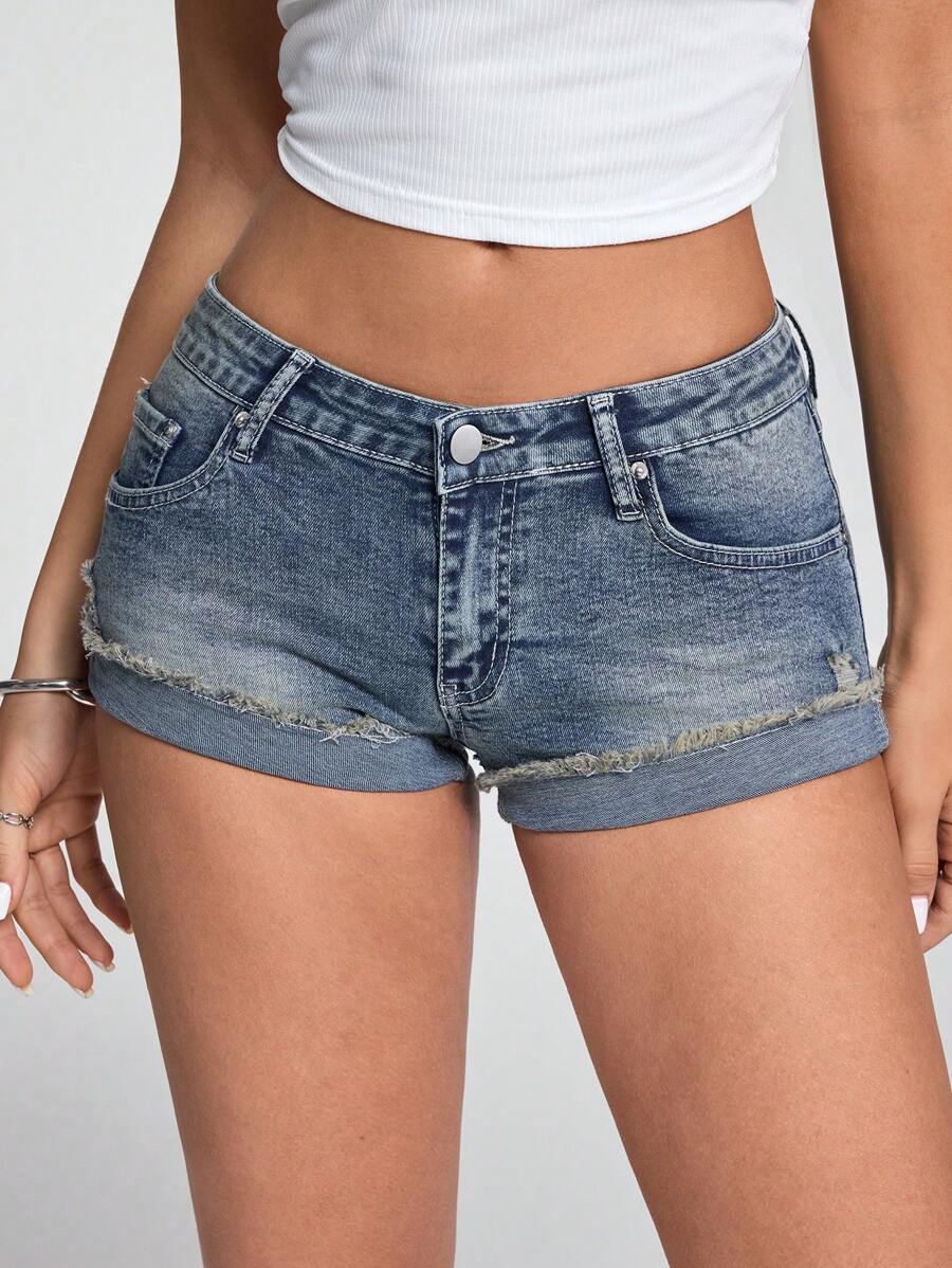 SHEIN Unity Women's Casual Low Waist Fitted Denim Shorts, Summer - Blue - View 1