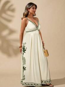 SHEIN LUNE Váy đi biển mùa hè không tay in hình cây nhiệt đới cổ chữ V khoét sâu cỡ lớn - Nhiều màu - Xem 4