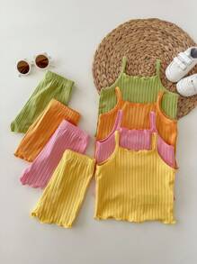 SHEIN 8pcs/Set Young Girl Solid Color Knit Camisole Top And Shorts Set - Multicolor - View 5