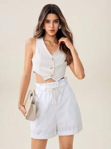 Uhlyne 女士新款春夏休闲亚麻系腰短裤 - 白色 - 查看 7