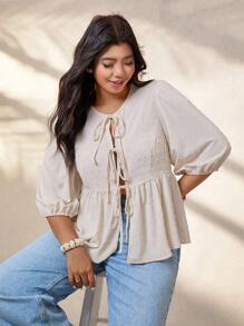EMERY ROSE Plus Size Textured Fabric Tied Casual Elegant Blouse