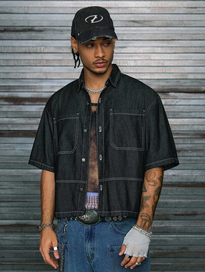 AXEPEAK Camisa vaquera de manga corta con bolsillo en el pecho, casual de verano para hombres