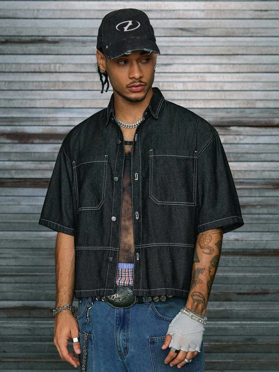 AXEPEAK Camisa vaquera de manga corta con bolsillo en el pecho, casual de verano para hombres