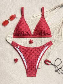 Swim Mod 2 件套女士小花侧高开叉丁字裤比基尼泳装套装，海滩度假装 - 彩色 - 查看 2