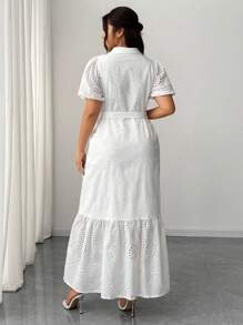 Elenzga Vestido de mujer talla grande elegante con diseño de cuello de camisa bordado en 3D, manga abullonada, y pretina acampanada. Versátil y con estilo, nueva llegada primavera/verano 2025