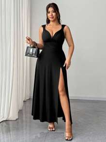 Elenzga Plus Size Women's Solid Color Twist Knot V-Neck High Slit Stretchy Party Dress, Fashionable Design Versatile Style, 2025 New Arrival