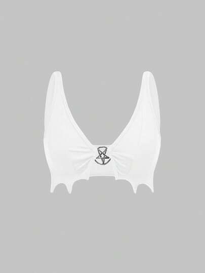 Goth Chaleco corto de verano para mujer con decoración de murciélagos y pentagramas, estilo gótico de playa