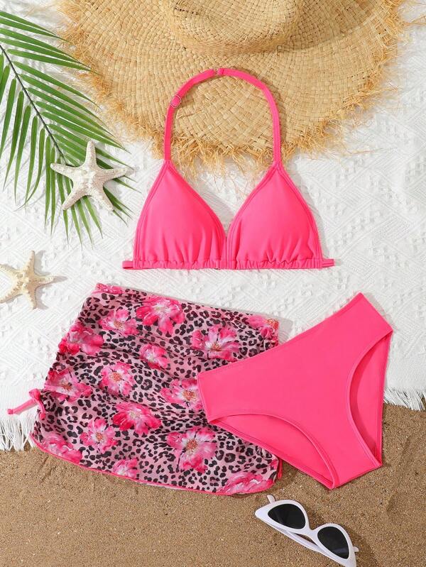 Tween-Mädchen 3-teiliges Bikini-Set, lässiger, rosa Strick-Badeanzug im Resort-Stil mit Spaghettiträgern, Tankini für große Mädchen
