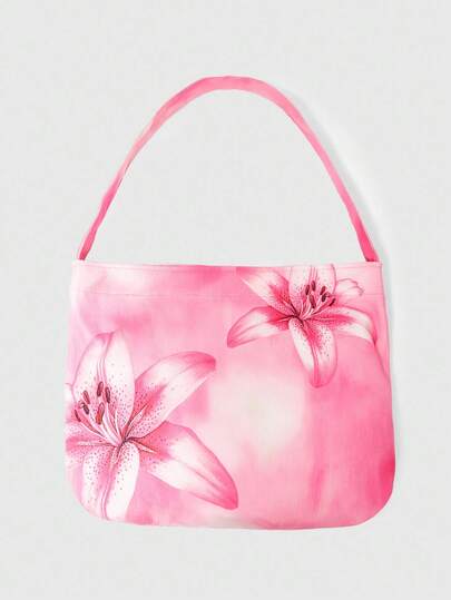 Fairycore 1pc Pink Lily Floral Large Capacity Shoulder Tote Bag, Suitable For Camping, Travel, Shopping, School, Work & More Occasions