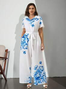 Chikora Plus Size Women Elegant Placement Blue And White Printed Jumpsuit,Ommuting And Pairing With Summer Clothes, Graduation Outfit,Ruffle,Work Outfits For Women - Blue and White - View 1