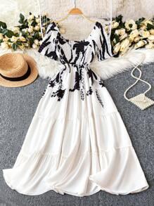 DreamSkyne Plus Size Women's Summer Graceful Off Shoulder Ruched Elastic Waist Slimming Flowy Colorful Printed Hem Dress, Versatile Beach Vacation Style - Multicolor - View 2