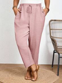 Elaquor Plus Size Solid Color Casual Trousers With Elastic Waist And Diagonal Pockets - Dusty Pink - View 5