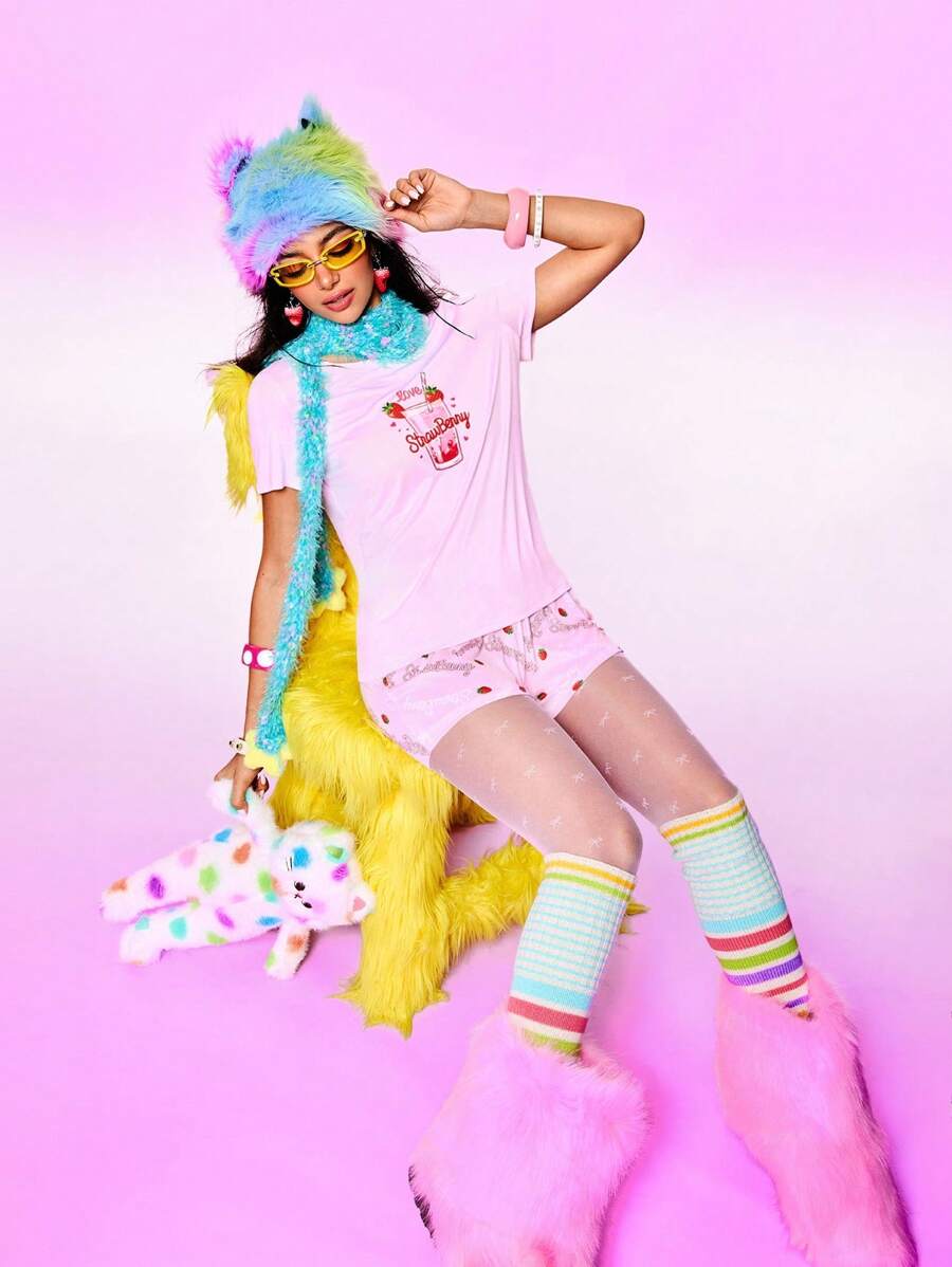 SHEIN 女士夏季草莓饮料印花短袖上衣和短裤睡衣套装 - 粉色 - 查看 1