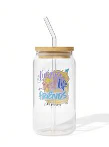 FRIENDS X SHEIN 1 pieza Vaso de vidrio de 500ml/17.6oz con diseño gráfico de café (incluye cepillo de limpieza para la pajita). Puede usarse para bebidas frías y calientes, tazas de café, tazas de leche, tazas de jugo, con marco morado