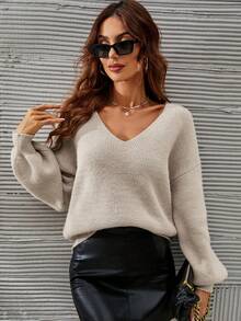 SHEIN Frenchy V 领落肩毛衣，女士深秋休闲罗纹针织长袖常规版型卡其色落肩套头衫女式毛衣，长袖上衣