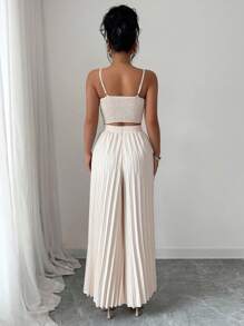 Elenzga 2pcs/Set Elegant Minimalist Women Solid Color Cami Top And Pleated Long Pants Vacation White Summer - Apricot - View 2