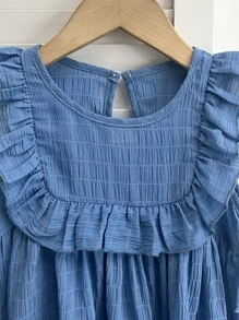 SHEIN Young Girls Ruffled Hem Textured Casual Dress - Pink - View 5