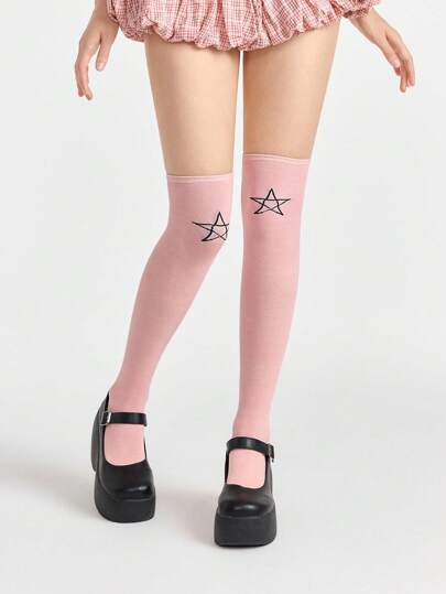 Grunge Punk 1 Pair Dark Gothic Five-Pointed Star Solid Color Crew Socks