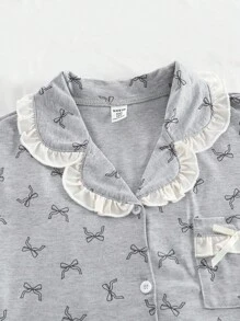Bộ 3 áo cardigan tay ngắn in nơ giản dị cho bé gái tuổi mới lớn + quần short/quần dài Bộ đồ ngủ thoải mái - Xám - Xem 8
