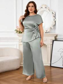 SHEIN Clasi 大码女装夏季优雅纯色蝙蝠袖褶皱腰上衣和阔腿裤套装 - 薄荷綠 - 查看 6