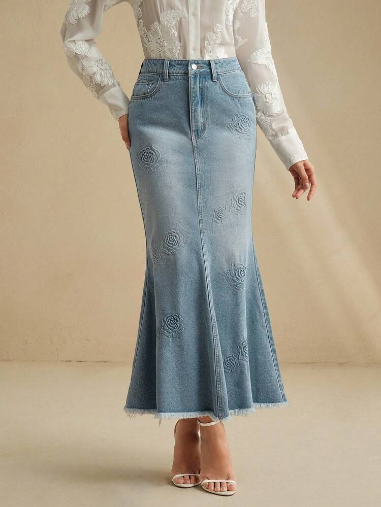Luxury Embossed Blue Fish Tail Maxi Denim Skirt