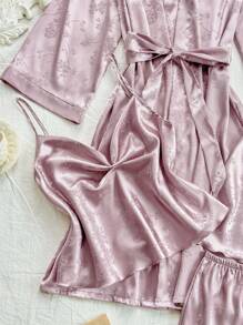 SilkySpell 5 件套女士性感吊带背心、短裤、优雅长袍、睡袍套装、缎面提花、适合所有季节